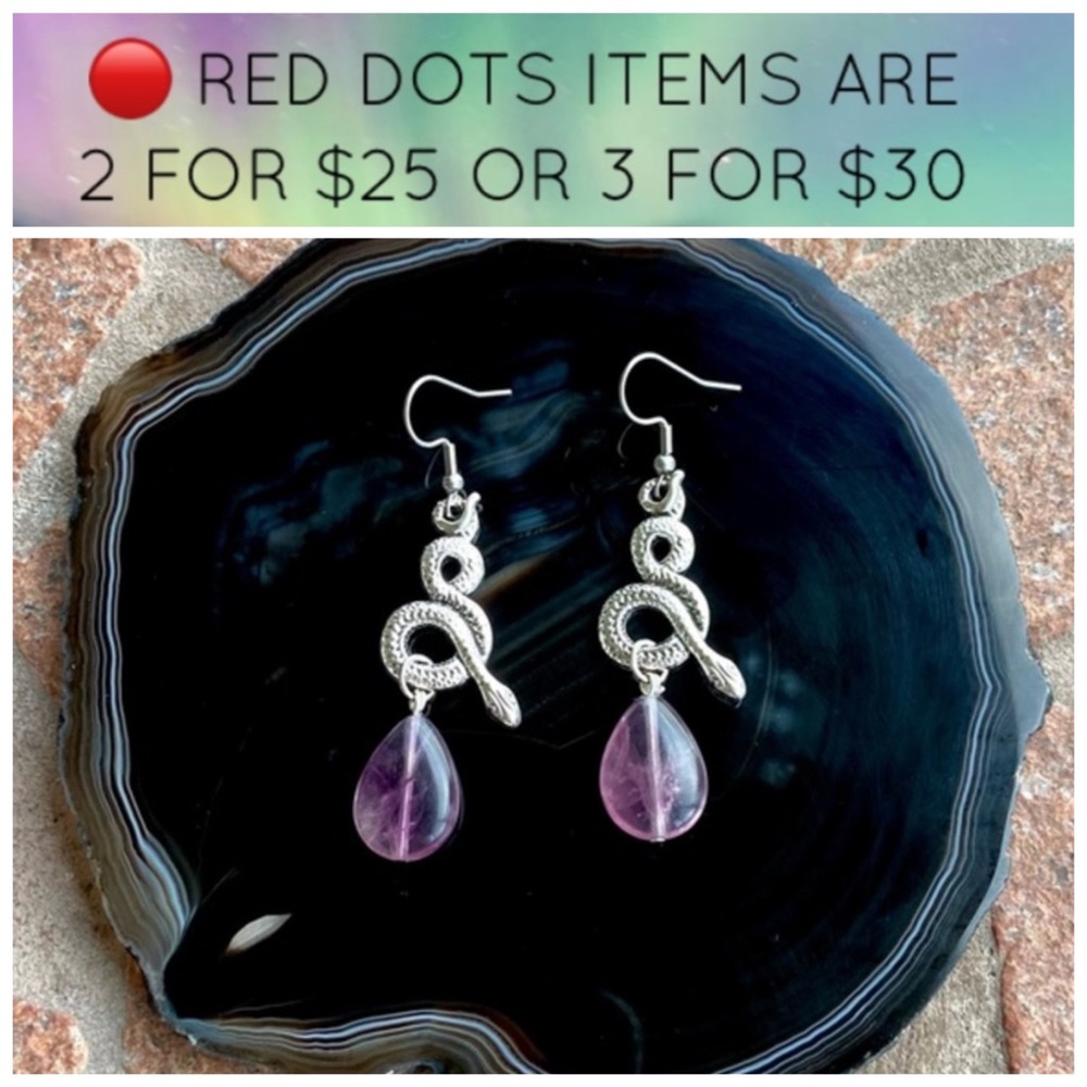 π΄ Purple fluorite drop snake design dangly earrings - Picture 1 of 10